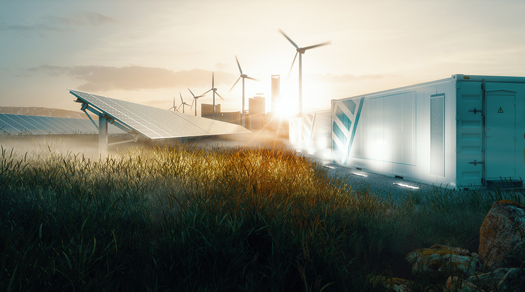 Smart grid renewable energy system solution for future smart cities at sunset. 3d rendering